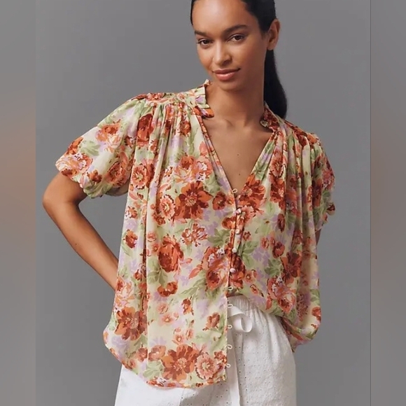 Anthropologie Tops - Anthropologie Estela Short Sleeve Sheer Floral Blouse